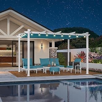 PURPLE LEAF 10' x 13' Outdoor Aluminum Pergola White Heavy-Duty Retractable Pergola Patio Metal with Double Sun Shade Canopy and String Lights for Backyard Gardens Deck, Blue