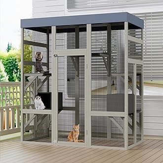 70inch Large Catio Outdoor Cat Enclosure with Waterproof Roof, Cat House for Outdoor Cats - Safe Play- Jumping Platform & 2 Napping Resting Box (Gray-1)