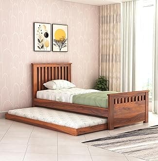 Wooden Single Trundle Bed | Single Bed with 1 Extra Pullout Bed | Wooden Bed Cot Palang for Bedroom, Living Room & Home, Solid Sheesham Wood, Honey Finish