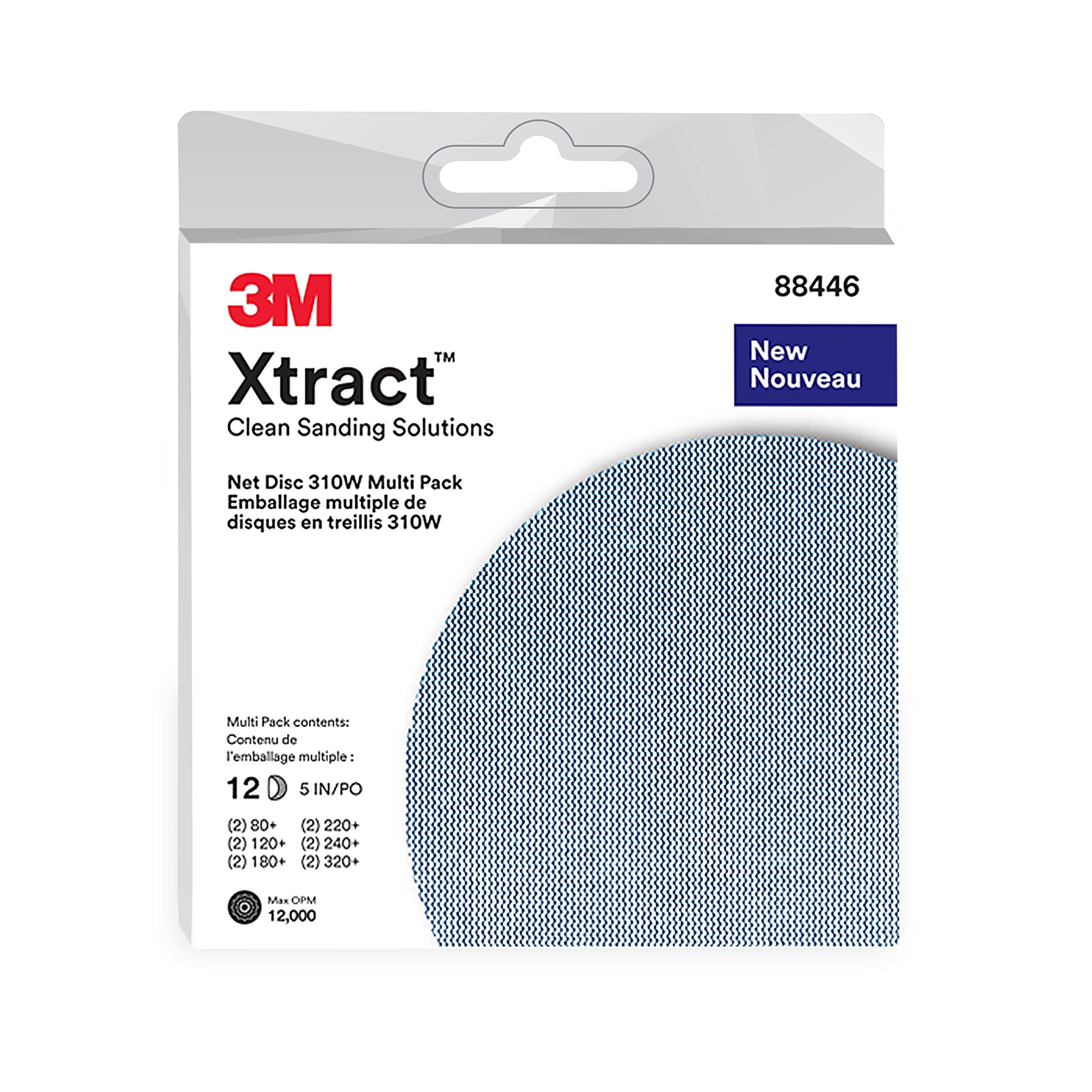 3M Xtract Net Disc 310W, 5 in, 12 Piece Multi-Pack Hook and Loop Sanding, 80+, 120+, 180+, 220+, 240+, 320+, Virtually Dust-Free, Assorted Grades, 88446, Blue, 5 Inch