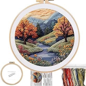 FONNUY Embroidery Kit for Beginners, Boho Nature Landscape Pre-Stamped Pattern Kits for Adults with Hoop, Easy to Follow Color Thread Needlework, 8'' Hoop (Mountain Trail)