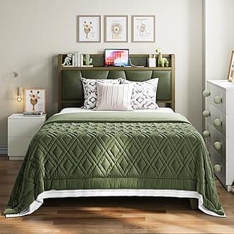 LIKIMIO Twin Bed Frame, Storage Headboard with Charging Station, Solid and Stable, Noise Free, No Box Spring Needed, Easy Assembly (Dark Green)