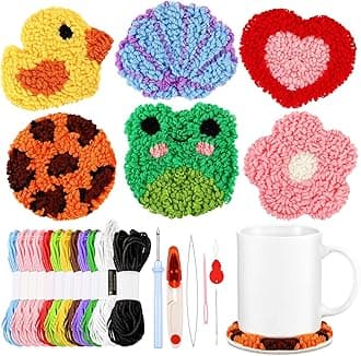Hanaive 20 Pcs Punch Needle Coaster Kit for Adults Beginners Punch Needle Embroidery Kit Felt Yarns Embroidery Hoop Instruction Easy Art Work DIY Mug Rug Tufting Handmade Gifts for Adult Beginner