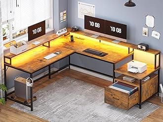 SEDETA L Shaped Office Desk, 66" Corner L Shaped Computer Desk with Wood File Drawer & Power Outlet for Home Office, Gaming Table with Led Lights, Monitor Shelf, Printer Storage Shelves, Rustic Brown