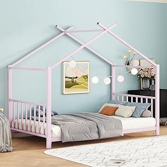 Twin Size Kids Montessori Floor Bed,House Bed Frame with High Headboard,Twin Floor Bed with Roof for Boys Girls,Floor Bed Metal Frame (Pink)