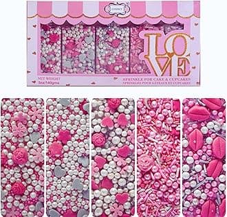 Love Sprinkles Mix – Pink Mini Lips, Roses, Silver Hearts, Pearls & Vermicelli – Edible Cake & Cupcake Toppers for Anniversary, Wedding, Birthday – 5 Pack (5 oz Total)