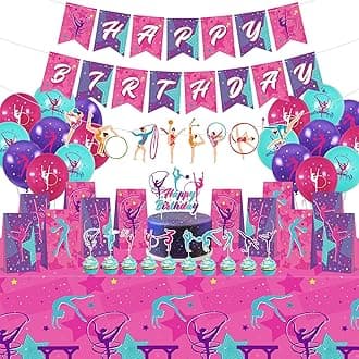 Gymnastics Birthday Party Decorations - Including Happy Birthday Banner, Cake Toppers, Tablecloth, Gift Bags and Balloons, Gymnastics Party Supplies for Your Little Dance Gymnasts, Baby Shower