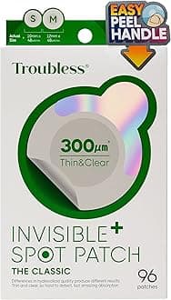 Troubless Invisible Pimple Spot Patch - Classic, Hydrocolloid Acne Patches for Face | Ultra Thin Acne Patches with Easy Peel Handle | Overnight Pimple Patches | 2 Sizes, 96 Count (Pack of 1)