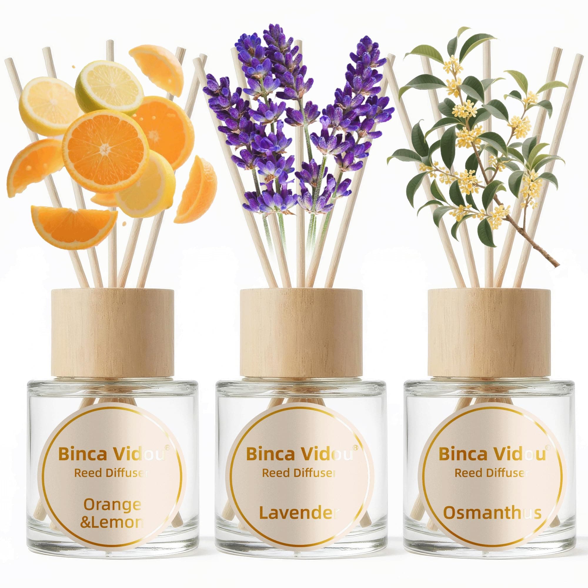 Binca Vidou Reed Diffuser Set, Lavender Osmanthus Orange&Lemon Scent Oil Diffusers with Sticks for Home Office Bathroom Aromatherapy Decor 1.69oz X 3