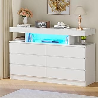 BEWISHOME White Dresser for Bedroom with Charging Station and LED Lights, Wood 6 Drawer Dresser TV Stand with Open Space, Modern Wide Dressers Chest of Drawers for Closet, Living Room, White KCG02W