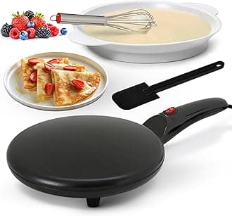 Nutrichef Electric Crepe Maker | 8-inch Nonstick Cooktop with On/Off Switch | Cooks Roti, Tortillas & Pancakes | Automatic Temperature Control & Cool Touch Handle | Includes Food Bowl, Whisk & Spatula