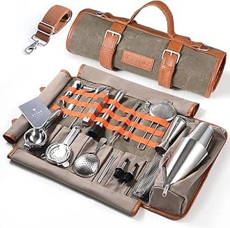 Travel Bartender Kit – 22-Pc Bartending Kit with Bar Tools Bartender Accessories, Waxed Canvas Tool Bag – Professional Stainless Steel Bar Tools Set with Standard Jigger, Unbreakable Squeezer