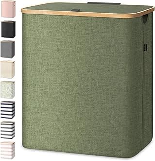 BALEINE Laundry Hamper with Lid, Tall Laundry Baskets with Bamboo Pull Handles, Large Laundry Bin with Internal Support (36 Gal/140L, Green)