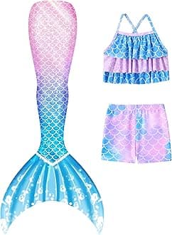 Girls Tankini Swimsuit 3 Piece Mermaid Bathing Suit Kids Ruffle Top with Shorts Fish Tail Set Swimwear