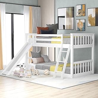 BellemaveTwin Over Twin Low Bunk Bed with Slide and Ladder, Low Bunk Bed for Kids, Girls, Boys, Floor bunk Bed, White