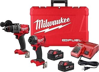 Milwaukee - 3697-22 18V Lithium-Ion Brushless Cordless Hammer Drill Combo Kit, 2 Tools with 2 x 5.0Ah Batteries, Charger and Toolbox, Chrome, Large