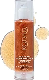 Kopari Sun Shield Body Glow, Broad Spectrum SPF 30, Lightweight Shimmering Gel Texture Absorbs Quickly, Non Sticky, Glowing Results, Golden Amber 5 oz