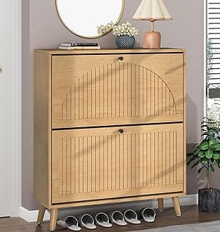 Shoe Storage Cabinet for Entryway with 2 Flip Drawers, Narrow Wood Shoe Cabinet with Fluted Panel, Freestanding Hidden Shoe Organizer for Foyer, Hallway (Wood Color)