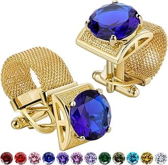 Birthstone Gold Tone Cufflinks for Men with Chain Shirt cuff links Wedding Business Birthday Christmas Gifts for Men