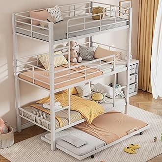 Triple Twin Metal Bunk Bed, Detachable into 3 Single Beds, No Box Spring Needed, for Kids & Adults, White-Twin