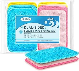 12 Pack Scrub & Wipe Cloths, Dual-Sided Sponges for Kitchen, All-Purpose Cloth for Dishes, Pots, Pans, Non-Stick Cookware, Countertops (Red, Yellow, Blue)