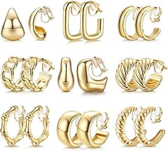 9 Pairs Clip on Earrings for Women 14K Gold Plated Chunky Hoop Clips Earring Trendy Clip on Hoop Earrings for Women Non-Pierced Fake Jewelry