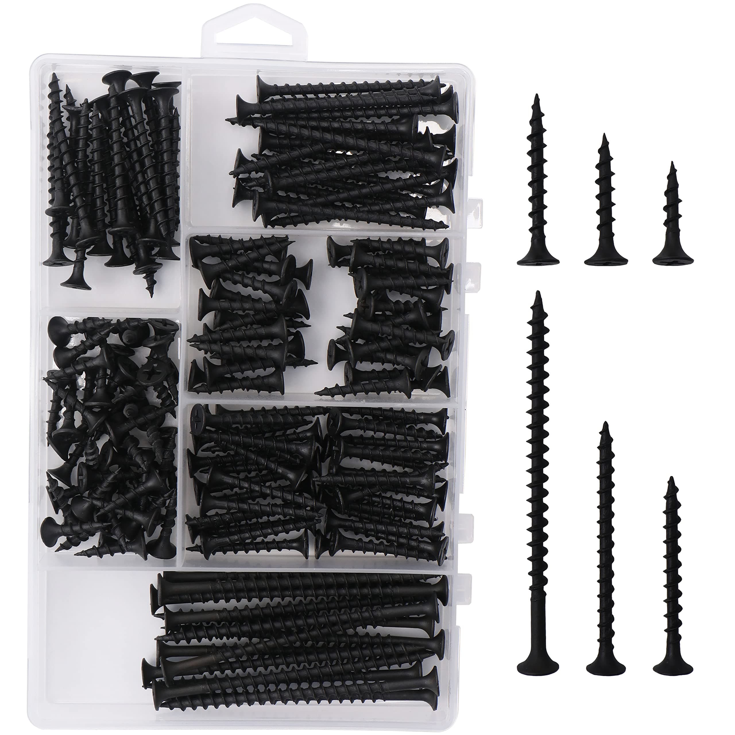 High Hardness Drywall Screws Assortment Kit, 166 pcs, Coarse Thread, Phillips Drive, Black Wood Screws, Screws Assortment, Screws Set, 6 Sizes (3”,2”,1-1/2”,1-1/4”,1”,3/4”)