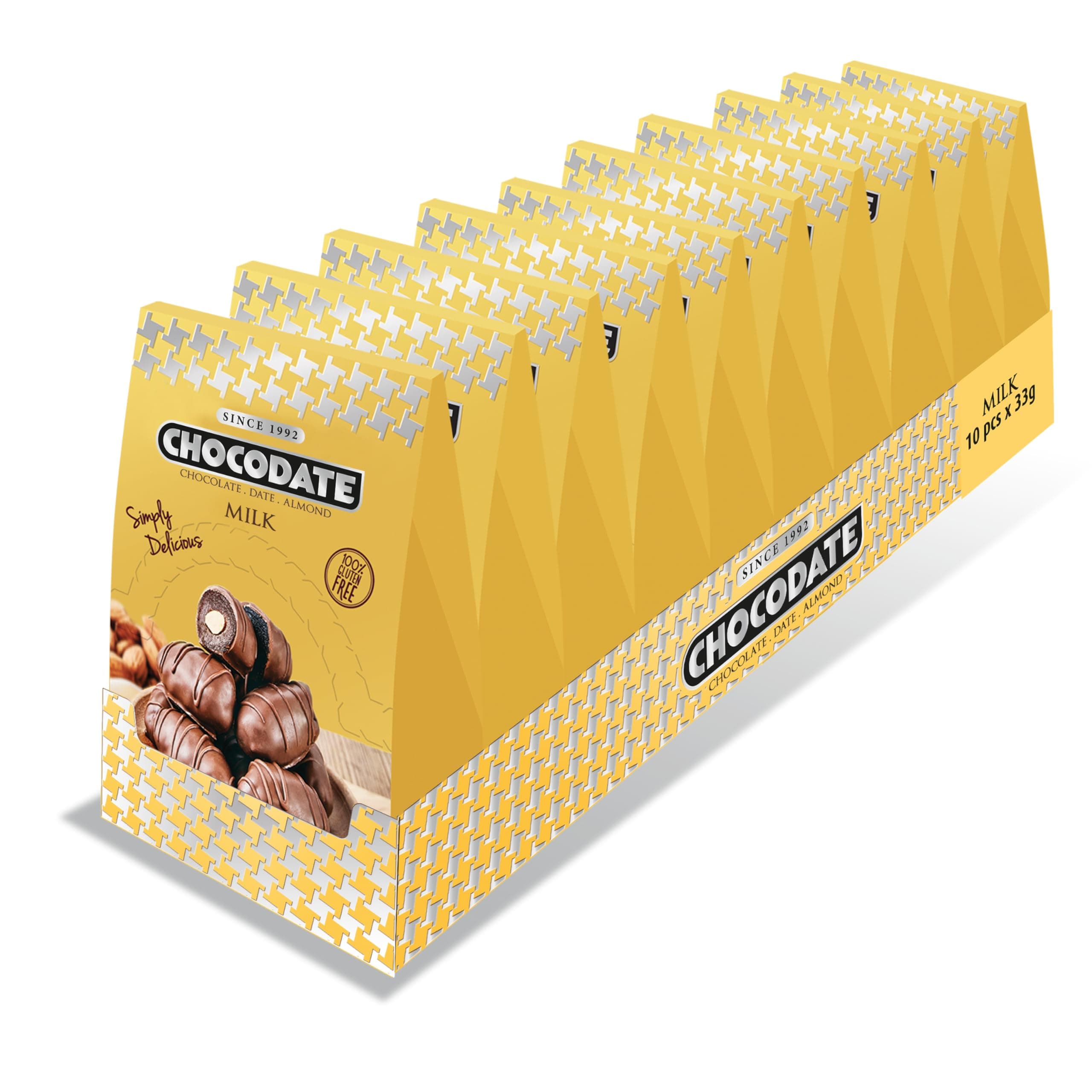 Chocodate Milk Chocolate Coated Dates with Roasted Almonds, Bite Size Snack, Gluten-Free - 33g x 10