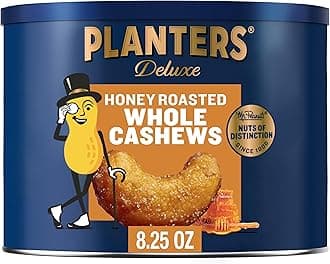 PLANTERS Deluxe Honey Roasted Whole Cashews, Party Snack, Plant-Based Protein, After School Snack, Sweet and Salty Snack Nuts, Quick Snack for Adults, Flavored Cashews, Kosher, 8.25oz Canister