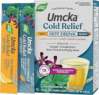 Nature’s Way Umcka Cold Relief Hot Drink, Day & Night Homeopathic Cold Medicine with Clinically Proven Ingredient for Cough, Congestion, Sore Throat, Lemon & Honey Flavored Packets, 12 Count