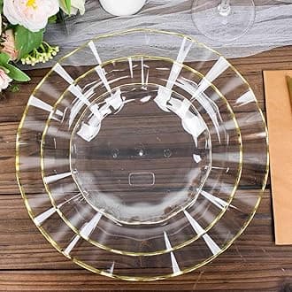 Efavormart 10 Pack | Clear 6" Round Plastic Dessert Salad Plates, Disposable Appetizer Plates with Gold Wavy Rim for Wedding, Outdoor Receptions, Banquets, Holiday Dining