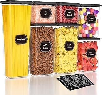 Nifogo Airtight Food Storage Containers with Lids 7 Pack, kitchen Storage Containers, Kitchen and Pantry Organization Set, for Cereal, Flour, Sugar, Pasta, Dry Food, Include 60 Labels