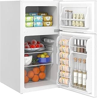 3.2 Cu.Ft Mini Fridge with Freezer, Double Door Compact Refrigerator with Adjustable Thermostat, Shelf and Reversible Door for Bedroom, Dorm, Home Office, Energy Efficient, White