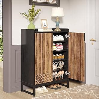 Shoe Cabinet with Doors, 6 Tiers Shoe Storage Cabinet for Entryway, 25 Pairs Wooden Shoe Cabinets, Modern Shoe Organizer Storage for Living Room, Bedroom, Hallway, Closet, Black and Brown