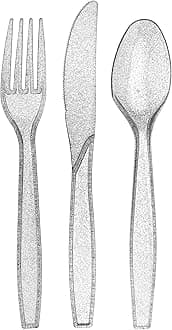 180 Plastic Silverware Set | Silver Glitter Clear Plastic Cutlery Set | Glitter Disposable Silverware Flatware Set | 60 Silver Forks, 60 Silver Spoons, 60 Silver Knives | Bulk Fancy Party Utensils
