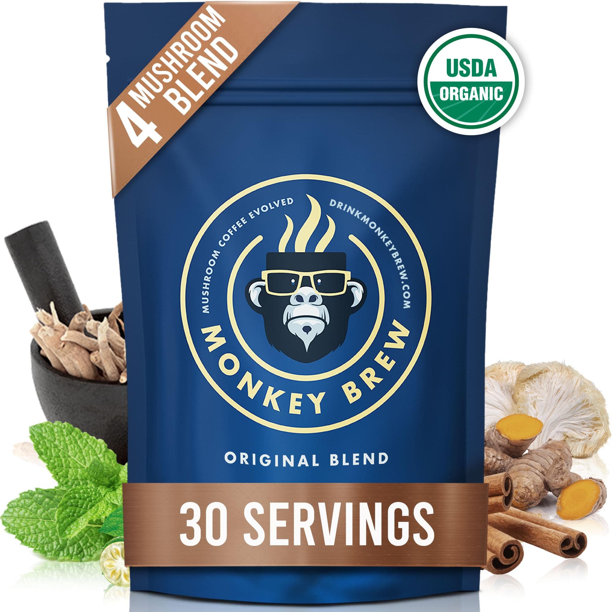 Monkey Brew Original - USDA Organic Mushroom Tea Drink - Non-Caffeinated Mushroom Coffee Alternative with Cacao Powder, Lion's Mane, Turkey Tail, Ashwagandha, Turmeric - Boosts Energy Focus & Immunity