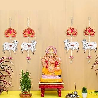 eCraftIndia Lotus, Cow, Pink Tassel Style Shubh Labh Hanging for Diwali Ganesh Chaturthi Navratri Decoration- Floral Wall Hangings for Home Temple Main Door Entrance-Diwali Decoration Items- Pack of 2