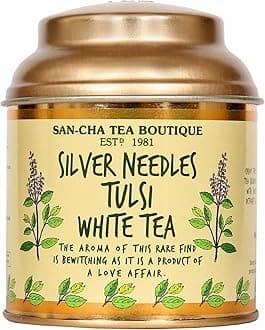 Sancha Tea Boutique, Tulsi White Tea, 25gm Loose Leaf Tea, Silver Needles Tea, blended with Tulsi Leaves, Antioxidant Rich Tea
