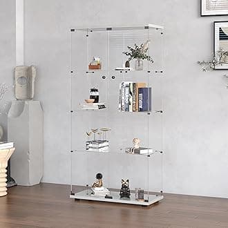 Modern 64.5'' Contemporary 4-Shelf Case Glass Display Cabinet in Clear with Two Door, Curio Cabinet Collection Display Case, Floor Standing Bookshelf for Living Room Bedroom Home Office