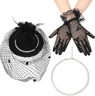 Excefore Fascinators Hat for Women Tea Party Headband Hat with Short Lace Gloves Pearl Necklace for Tea Party Wedding
