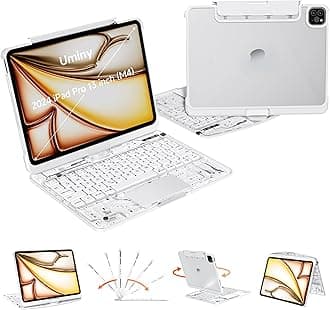 Transparent Keyboard Case for iPad Pro 13 Inch (M5 2025/M4 2024) with Multi-Touch Trackpad, 360ยฐ Rotating Stand, 7-Color 3-Level Backlit, Wireless Bluetooth, Pencil Holder, White