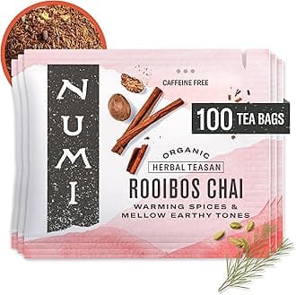 Numi Organic Rooibos Chai Tea, 100 Tea Bags, Herbal Red Tea with Cinnamon, Allspice, Ginger & Cardamom, Caffeine Free Chai