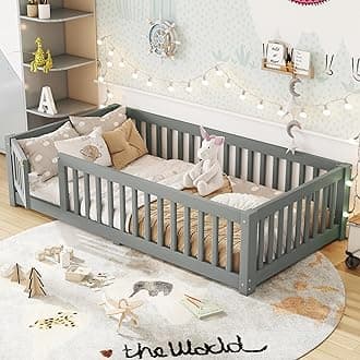 Bellemave Twin Size Floor Bed with Door and Fence for Kids, Montessori Floor Bed with Slats and Safety Guardrails,Solid Wood Twin Bed Frame for Girls Boys(Twin,Gray)