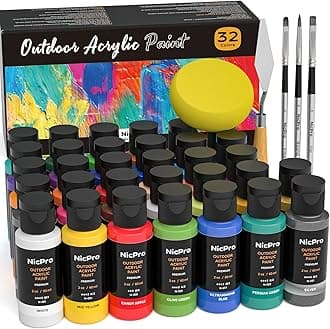 Nicpro 32 Colors Outdoor Acrylic Paint Bulk with Brush and Sponge, Knife, Non-Toxic Paint for Multi-surface Rock, Wood, Fabric, Leather, Crafts, Canvas, Shoes and Wall Painting