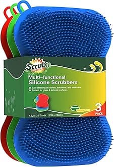 SCRUBITSilicone Scrubbing Pad Sponges - Real Silicon Non Scratch Kitchen Scrubber - Non Smell Cleaning Sponges for Kitchen Dishes - Reusable Soft Dish Sponge - Blue Red Green Pads (3 Pack)
