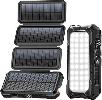 Solar Charger Power Bank, PD 18W Fast Charging 20000mAh Battery Pack with 4 Foldable Panels, Portable Solar Powered USB C Charger with Camping Flashlight Compass Carabiner for Cell Phone