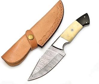 Handmade Damascus Camel Bone Hunting Knife,Fixed Blade full tang with Leather Belt Sheath gifts for men EDC, Skinning, Outdoor adventures. (Bone Damascus Knife), PCL-0078