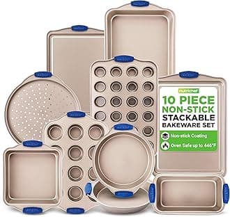 NutriChef 10-Piece Nonstick Bakeware Set - Premium Carbon Steel Baking Pan Set w/Heatsafe Silicone Handles, Includes Pizza Crisper, Loaf Pan, 12 & 24 Cup Muffin Pans, Cake Pans, Cookie Sheets