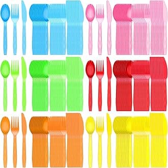 Hoolerry 180 Pcs Neon Party Plastic Silverware Set Colorful Rainbow Disposable Cutlery Bulk Includes Forks Spoons Knives for Parties Supplies Favors, 6 Colors