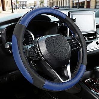 SEG Direct Car Steering Wheel Cover for Prius Civic 14-14.25 inch, Black and Blue Microfiber Leather